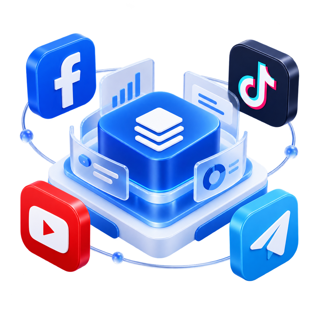 Minh họa 3D nền tảng Hacklike43 kết nối Facebook, TikTok, YouTube và Telegram